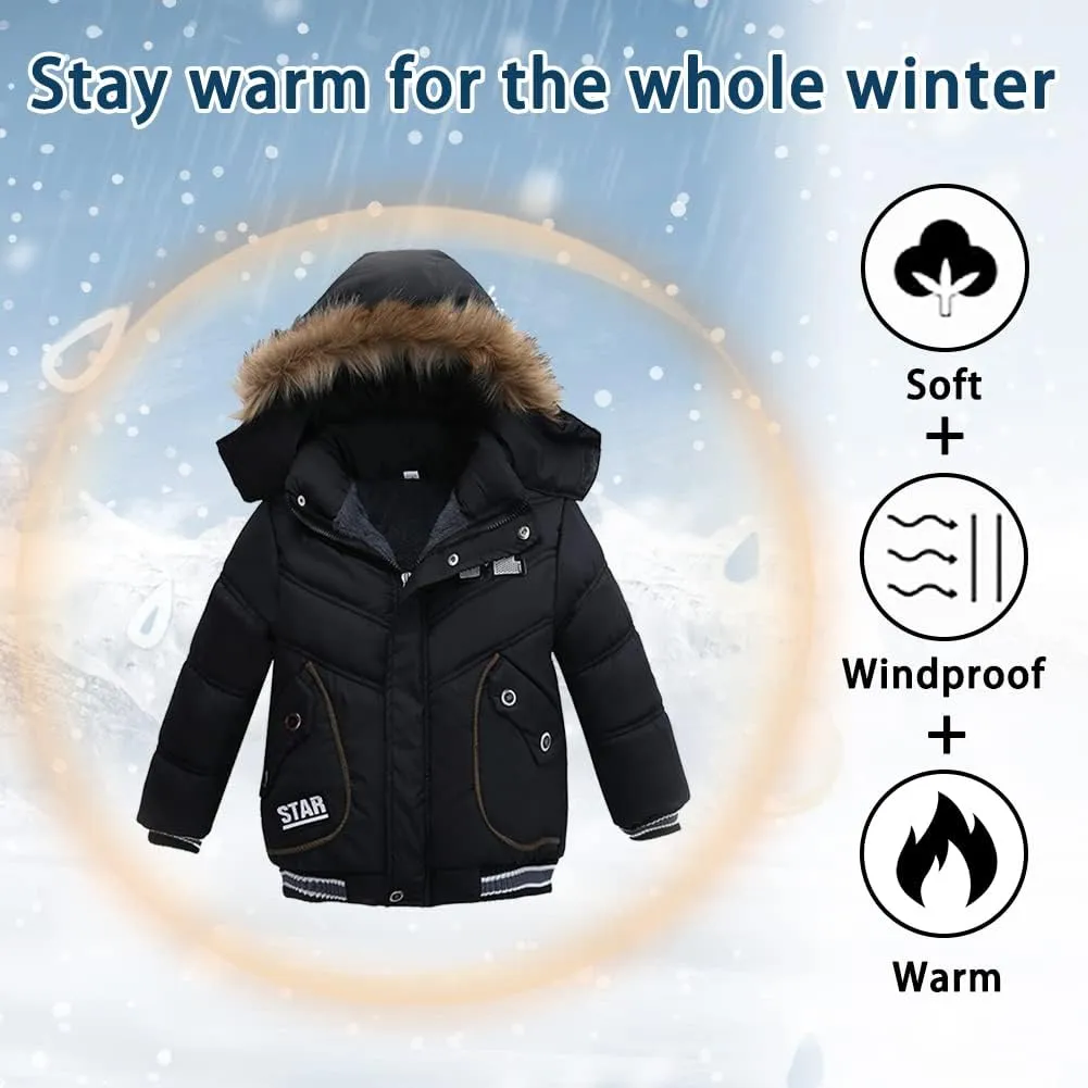 XIFAMNIY Boys Down Jacket Fur Collar Hood Thick Warm Winter Coat Parka Padded Outerwear 3-6T