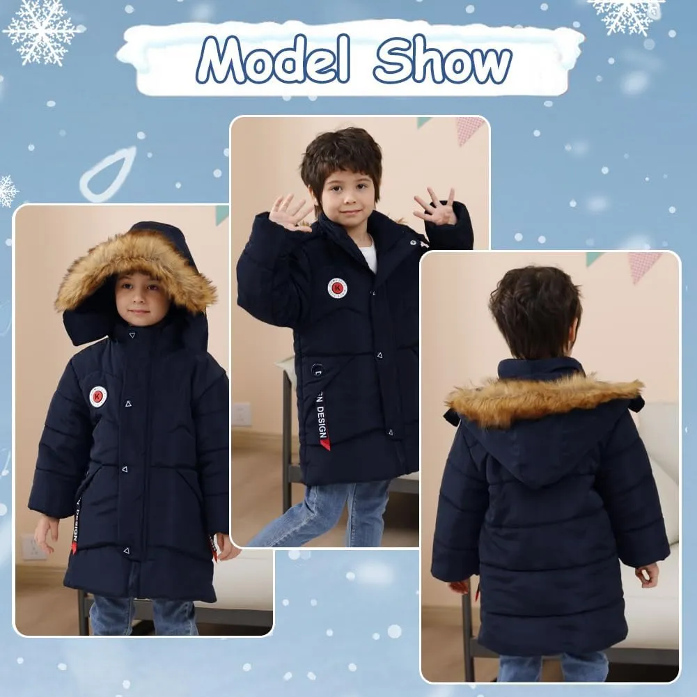 XIFAMNIY Boys Down Jacket Fur Collar Hood Thick Warm Winter Coat Parka Padded Outerwear 3-6T
