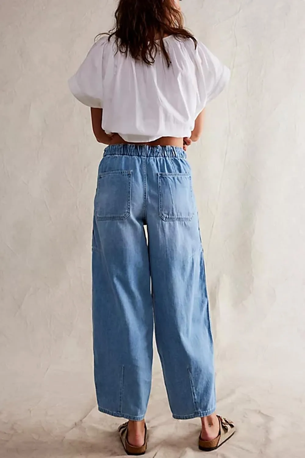 yoeasy Womens Low Rise Barrel Jeans Elastic Drawstring Loose Wide Leg Cropped Denim Pants Y2k Baggy Boyfriend Jeans