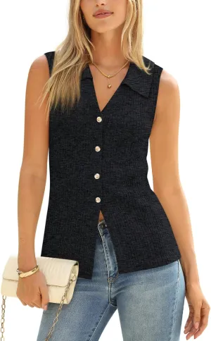 Yousify Women's Knit Tank Tops 2025 Summer V Neck Button Down Sweater Vest Casual Sleeveless Top