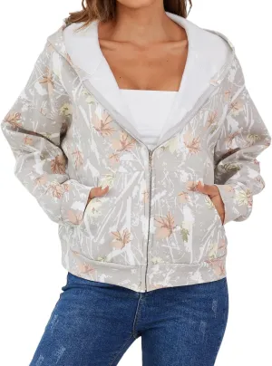 Ythomm Womens Zipper Camo Hoodies Maple Leaf Graphic Zip Up Fleece Hooded Sweatshirts Retro Baggy Fall Drop Shoulder Hoodies