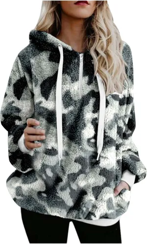 ZDRZK Women's Sweatshirts Plush 2024 Fall And Winter Warm Camo Hoodies Oversized Casual Long Sleeve Drawstring Clothes