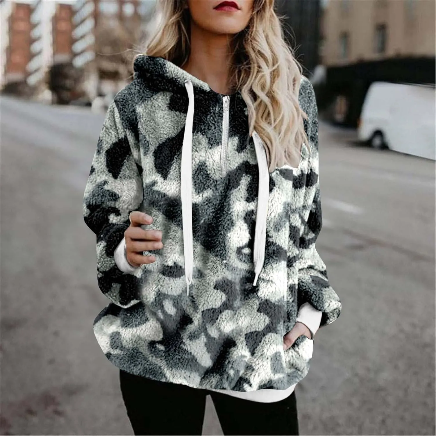 ZDRZK Women's Sweatshirts Plush 2024 Fall And Winter Warm Camo Hoodies Oversized Casual Long Sleeve Drawstring Clothes