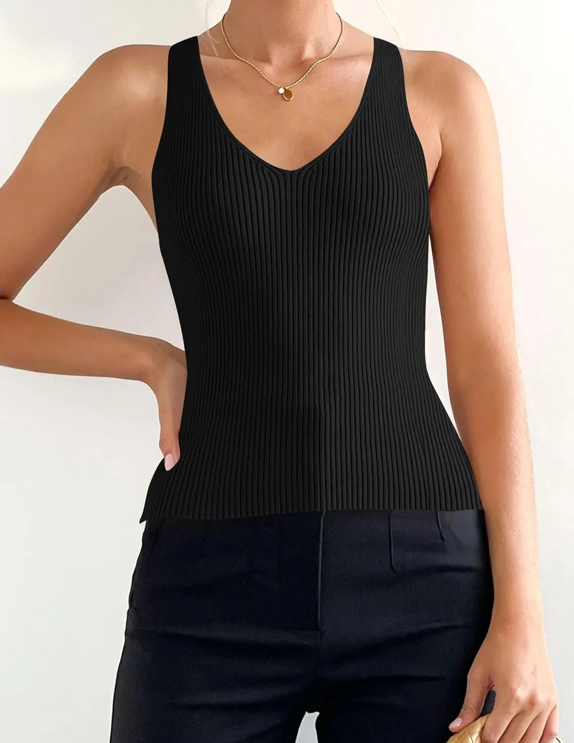 ZESICA Womens Ribbed Tank Tops Summer Sleeveless V Neck Shirts Casual Sexy Slim Fitted Basic Knit Tees