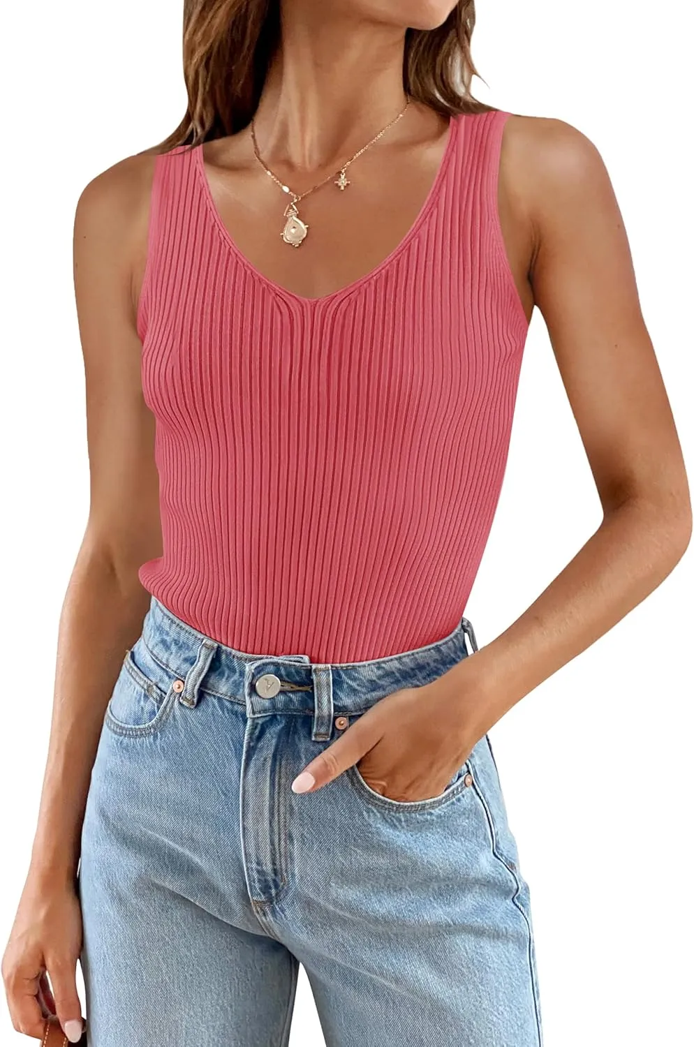 ZESICA Womens Ribbed Tank Tops Summer Sleeveless V Neck Shirts Casual Sexy Slim Fitted Basic Knit Tees