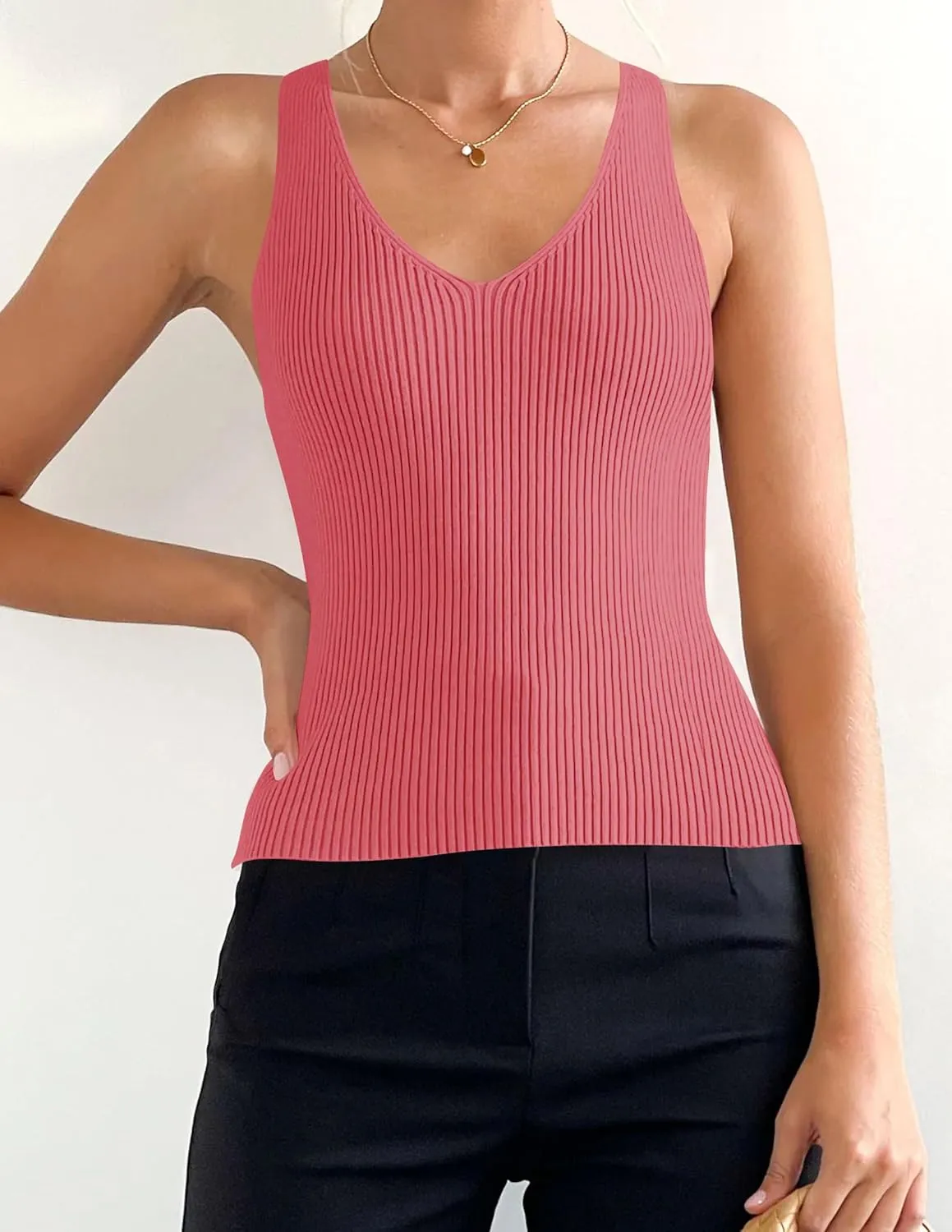 ZESICA Womens Ribbed Tank Tops Summer Sleeveless V Neck Shirts Casual Sexy Slim Fitted Basic Knit Tees