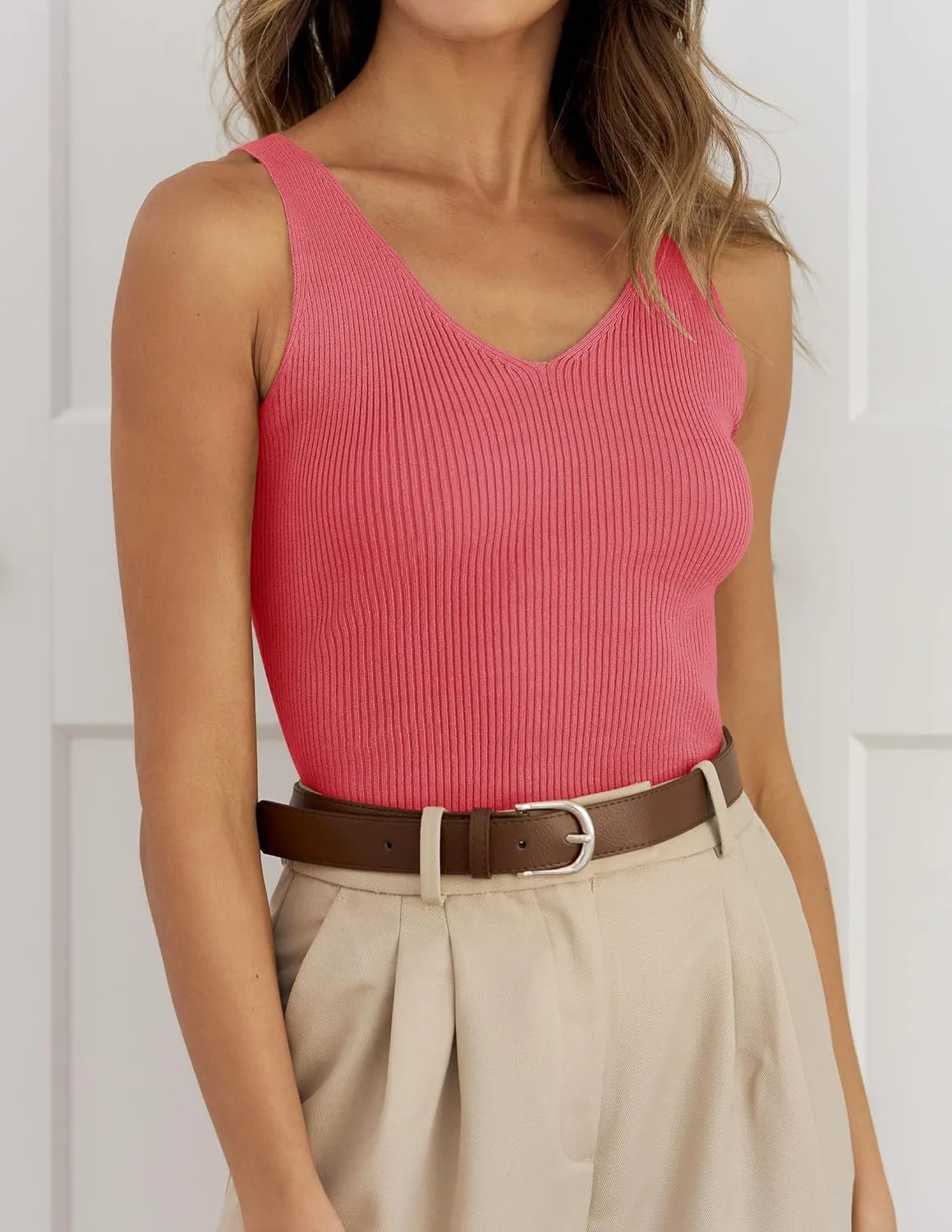 ZESICA Womens Ribbed Tank Tops Summer Sleeveless V Neck Shirts Casual Sexy Slim Fitted Basic Knit Tees