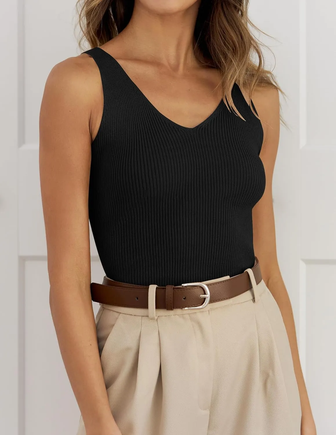 ZESICA Womens Ribbed Tank Tops Summer Sleeveless V Neck Shirts Casual Sexy Slim Fitted Basic Knit Tees