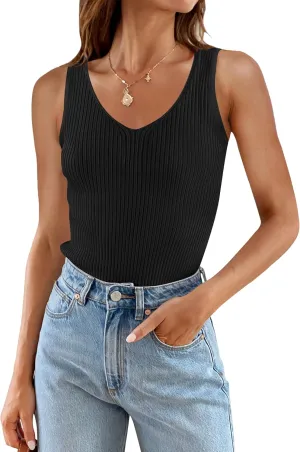ZESICA Womens Ribbed Tank Tops Summer Sleeveless V Neck Shirts Casual Sexy Slim Fitted Basic Knit Tees
