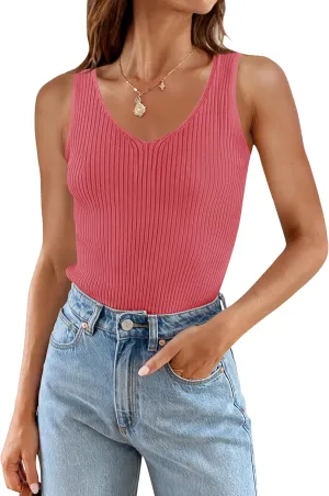 ZESICA Womens Ribbed Tank Tops Summer Sleeveless V Neck Shirts Casual Sexy Slim Fitted Basic Knit Tees