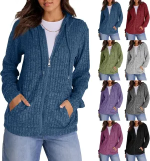 Zip Up Hoodie Women Lightweight Ribbed Knit Sweater Hoodie Cozy Long Sleeve Sweater Tops Fall Sweater with Pocket