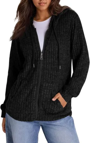 Zip Up Hoodie Women Lightweight Ribbed Knit Sweater Hoodie Cozy Long Sleeve Sweater Tops Fall Sweater with Pocket