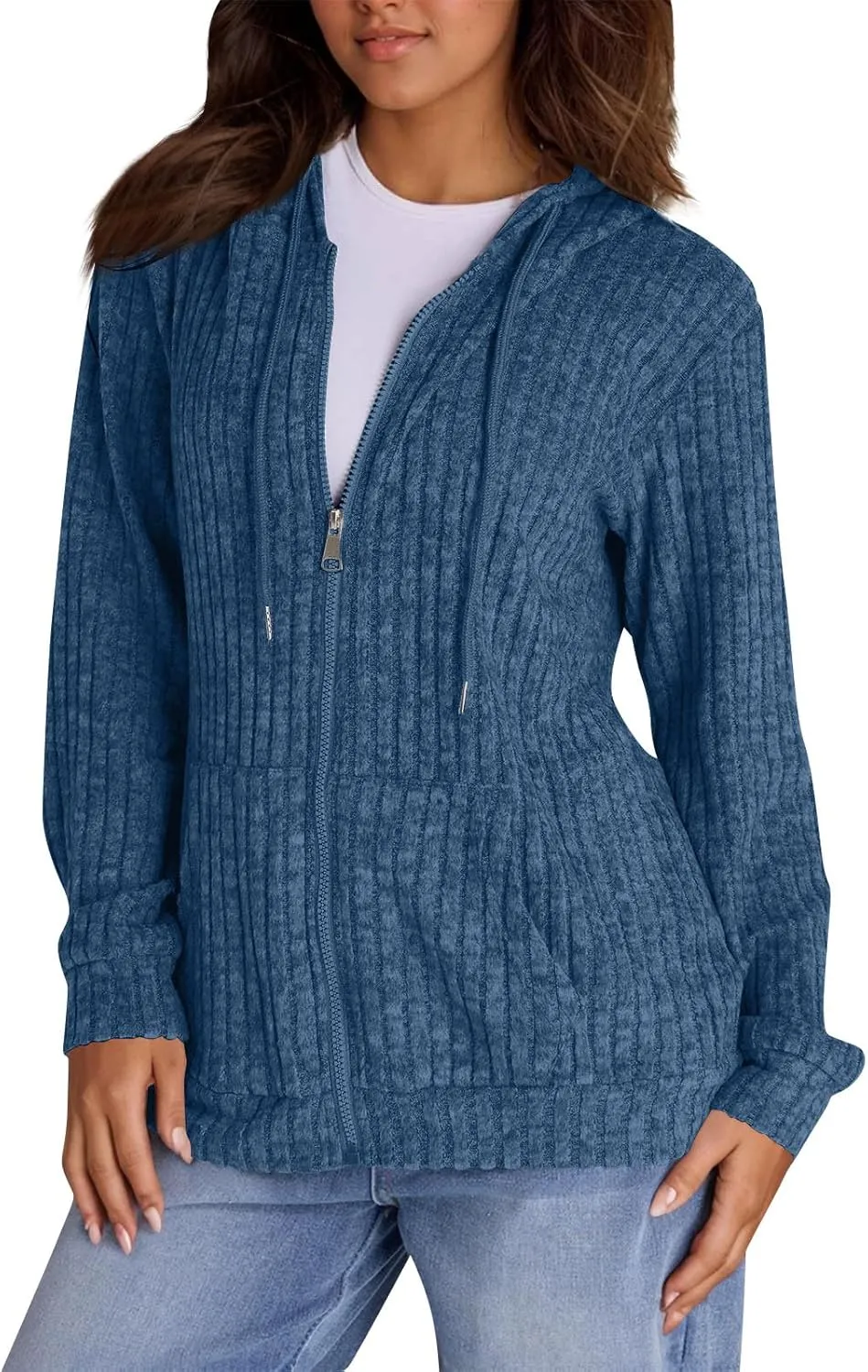 Zip Up Hoodie Women Lightweight Ribbed Knit Sweater Hoodie Cozy Long Sleeve Sweater Tops Fall Sweater with Pocket