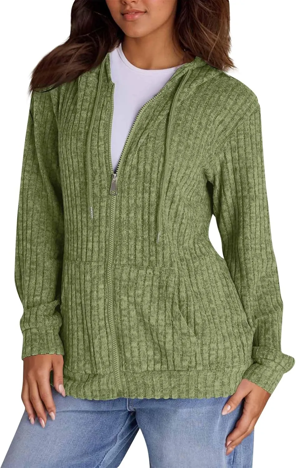 Zip Up Hoodie Women Lightweight Ribbed Knit Sweater Hoodie Cozy Long Sleeve Sweater Tops Fall Sweater with Pocket