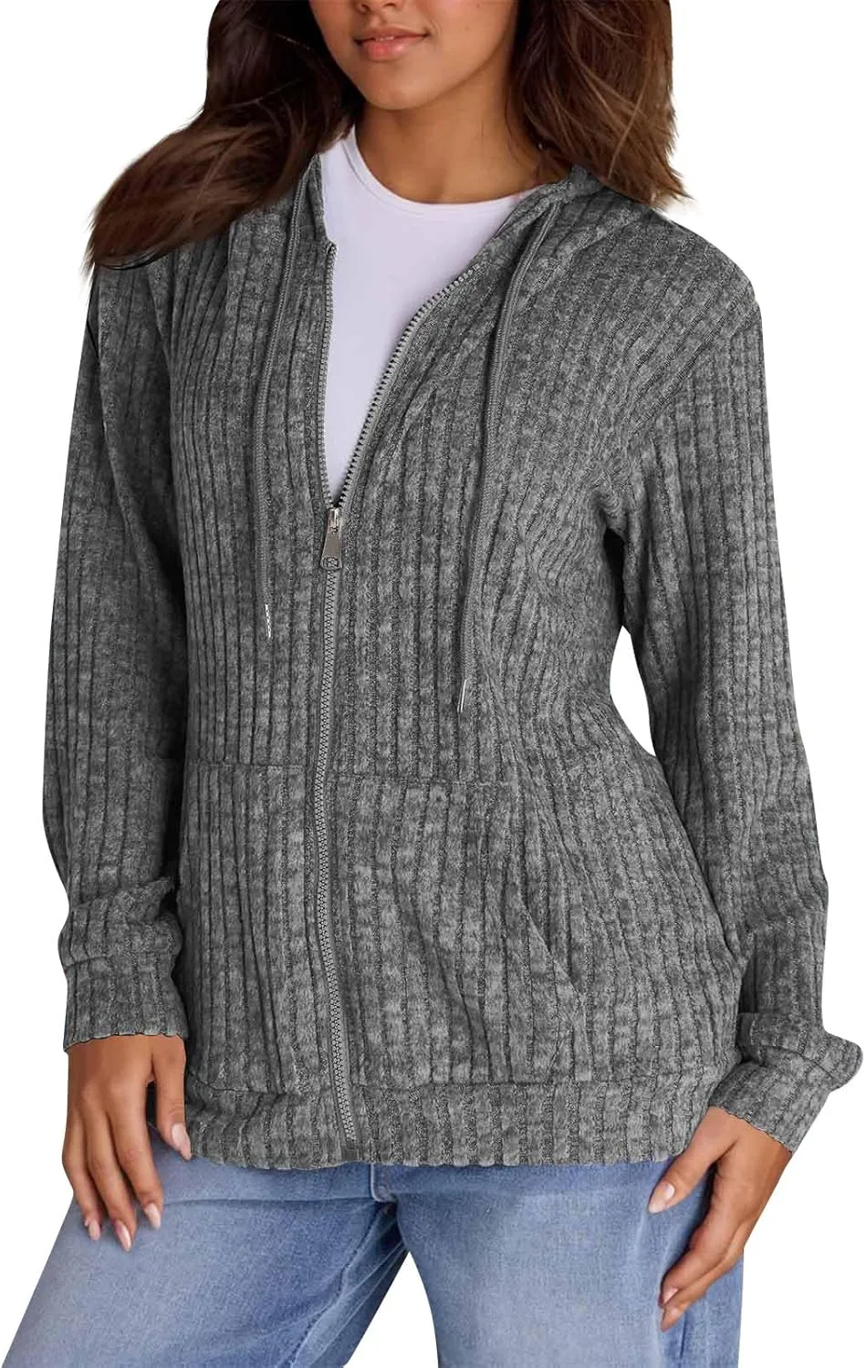 Zip Up Hoodie Women Lightweight Ribbed Knit Sweater Hoodie Cozy Long Sleeve Sweater Tops Fall Sweater with Pocket