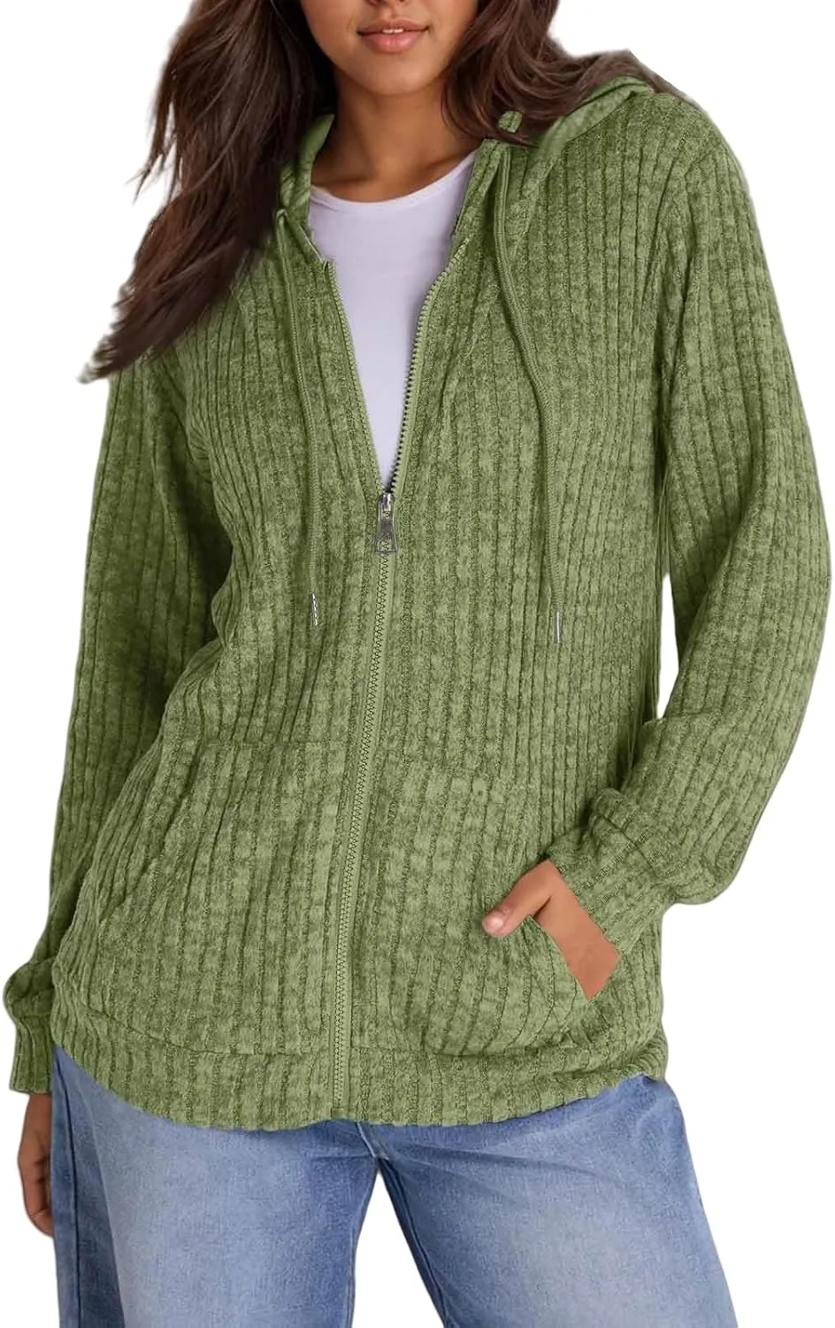 Zip Up Hoodie Women Lightweight Ribbed Knit Sweater Hoodie Cozy Long Sleeve Sweater Tops Fall Sweater with Pocket