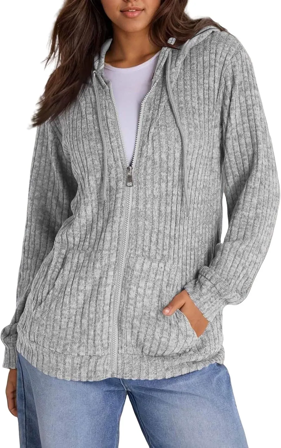 Zip Up Hoodie Women Lightweight Ribbed Knit Sweater Hoodie Cozy Long Sleeve Sweater Tops Fall Sweater with Pocket