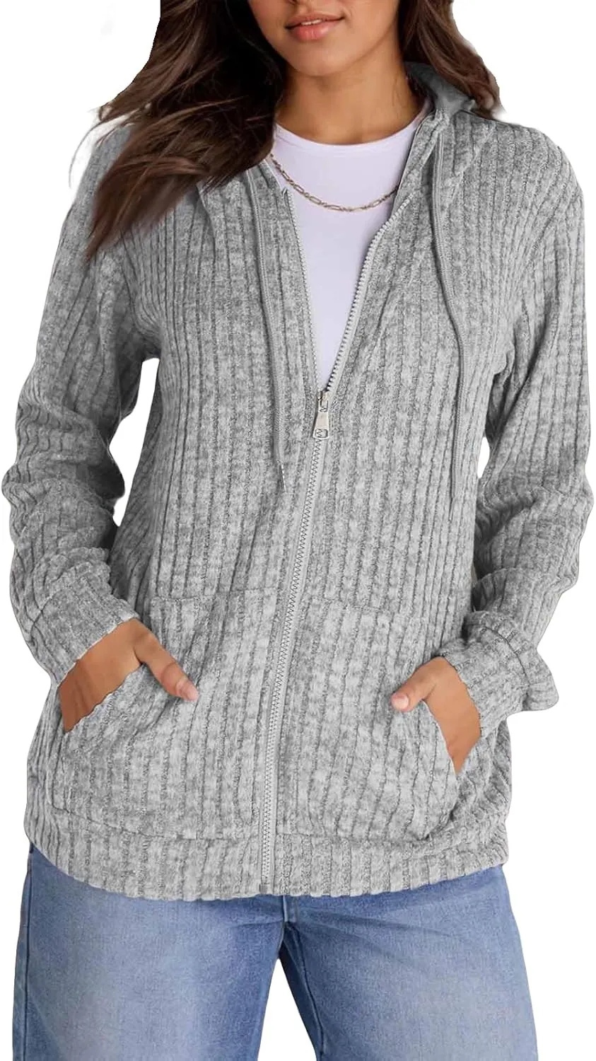 Zip Up Hoodie Women Lightweight Ribbed Knit Sweater Hoodie Cozy Long Sleeve Sweater Tops Fall Sweater with Pocket