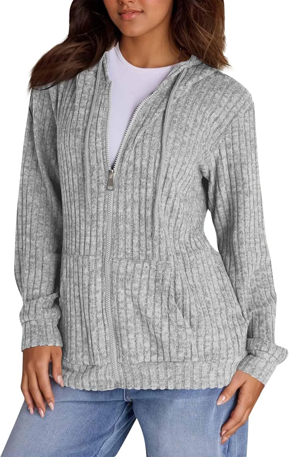Zip Up Hoodie Women Lightweight Ribbed Knit Sweater Hoodie Cozy Long Sleeve Sweater Tops Fall Sweater with Pocket