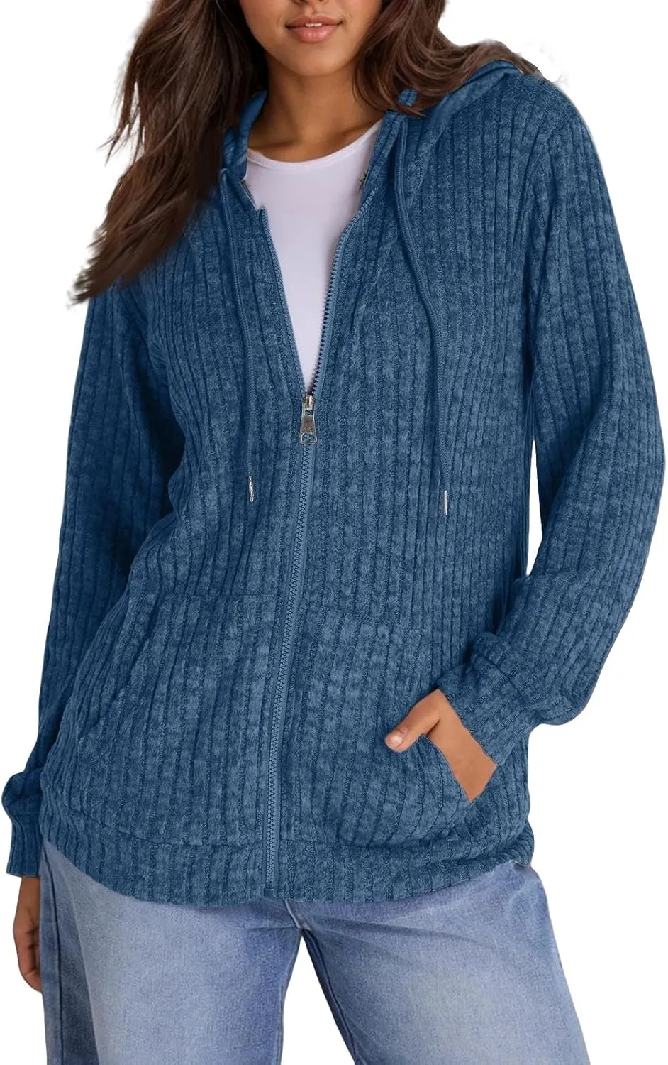 Zip Up Hoodie Women Lightweight Ribbed Knit Sweater Hoodie Cozy Long Sleeve Sweater Tops Fall Sweater with Pocket
