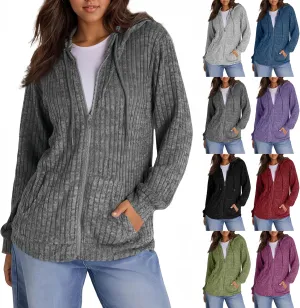 Zip Up Hoodie Women Lightweight Ribbed Knit Sweater Hoodie Cozy Long Sleeve Sweater Tops Fall Sweater with Pocket