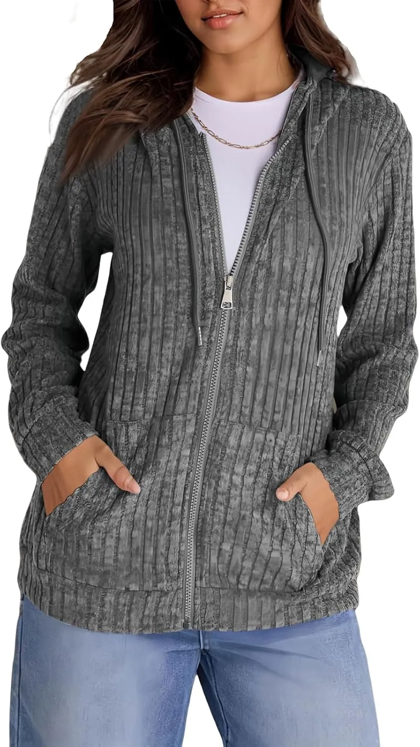 Zip Up Hoodie Women Lightweight Ribbed Knit Sweater Hoodie Cozy Long Sleeve Sweater Tops Fall Sweater with Pocket