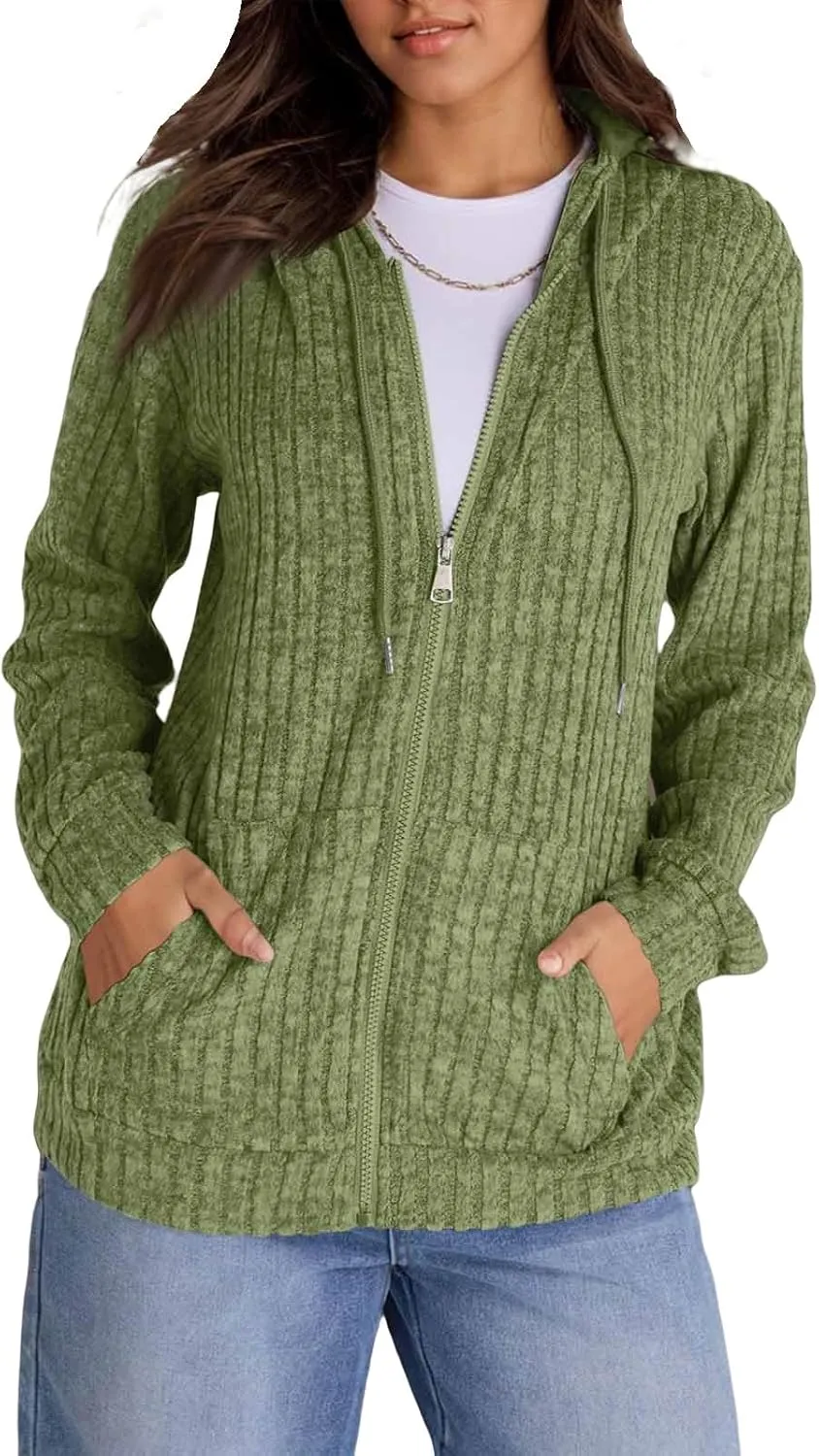 Zip Up Hoodie Women Lightweight Ribbed Knit Sweater Hoodie Cozy Long Sleeve Sweater Tops Fall Sweater with Pocket