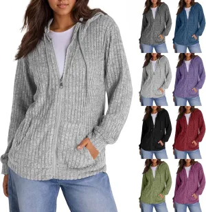 Zip Up Hoodie Women Lightweight Ribbed Knit Sweater Hoodie Cozy Long Sleeve Sweater Tops Fall Sweater with Pocket