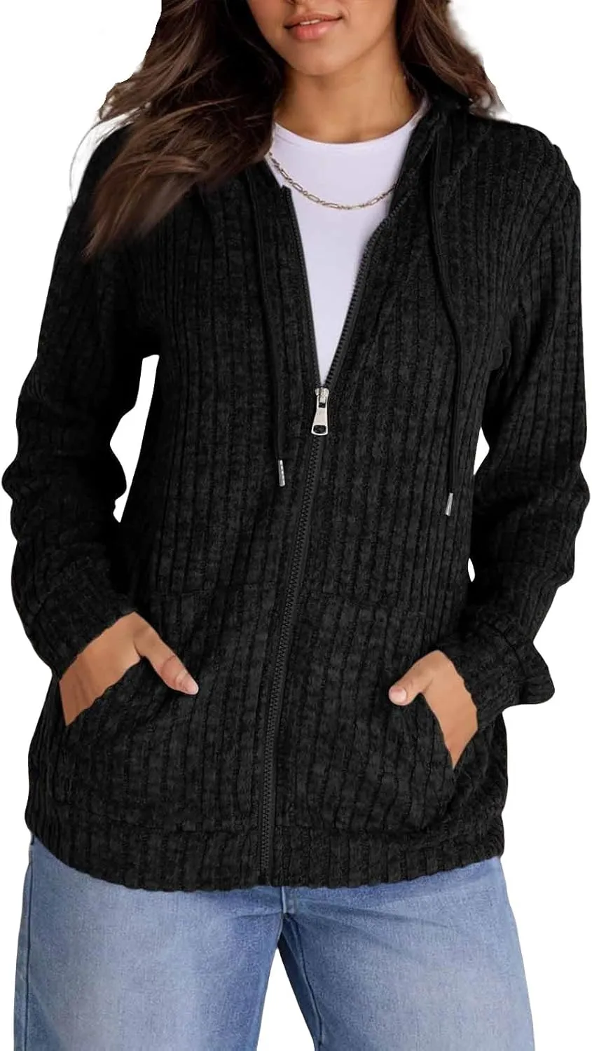 Zip Up Hoodie Women Lightweight Ribbed Knit Sweater Hoodie Cozy Long Sleeve Sweater Tops Fall Sweater with Pocket