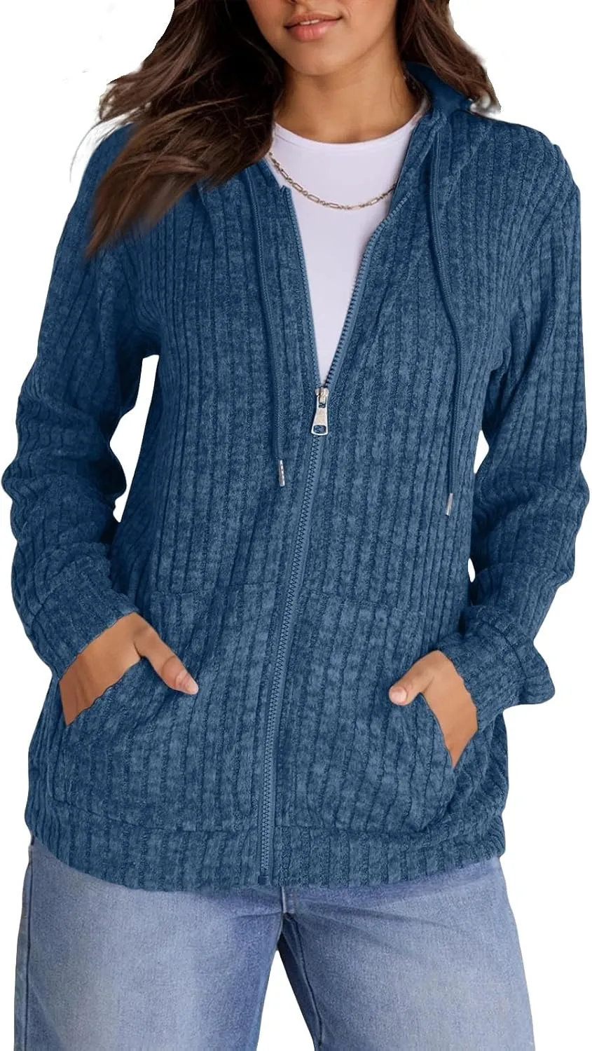 Zip Up Hoodie Women Lightweight Ribbed Knit Sweater Hoodie Cozy Long Sleeve Sweater Tops Fall Sweater with Pocket