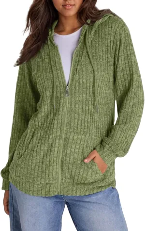 Zip Up Hoodie Women Lightweight Ribbed Knit Sweater Hoodie Cozy Long Sleeve Sweater Tops Fall Sweater with Pocket