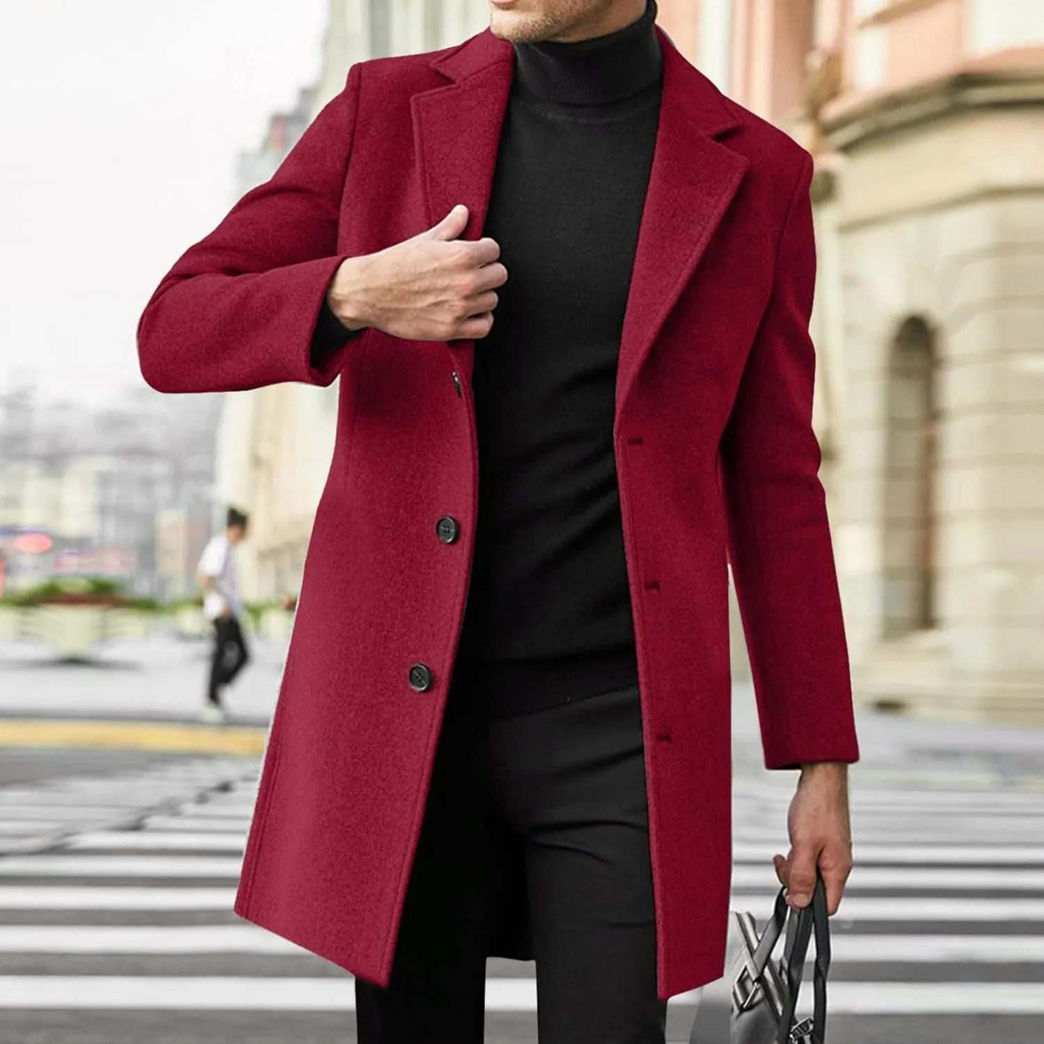 ZYXTIM Men's Wool Blend Pea Coat Notched Collar Single Breasted Trench Coat Oversize Long Classic Office Work Jacket Coat